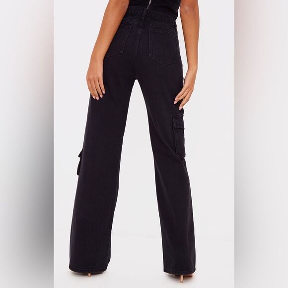 PrettyLittleThings Jeans Size 8 Washed Black Cargo Pocket Wide Leg Relaxed Fit - Picture 3 of 10